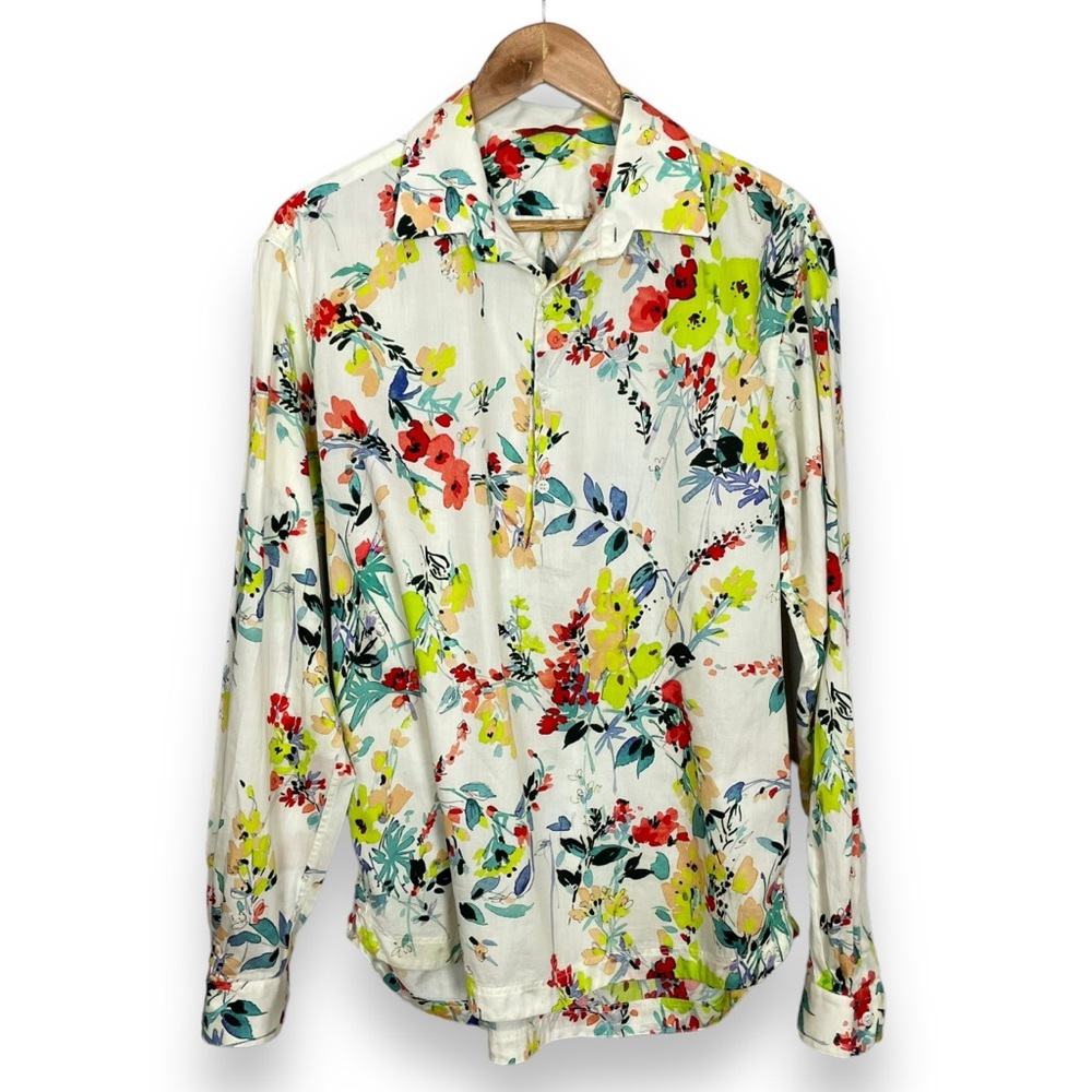 Barena‎ Floral Shirt White Half Button-Up Long Sleeves Size 52 XL Men Cotton Top